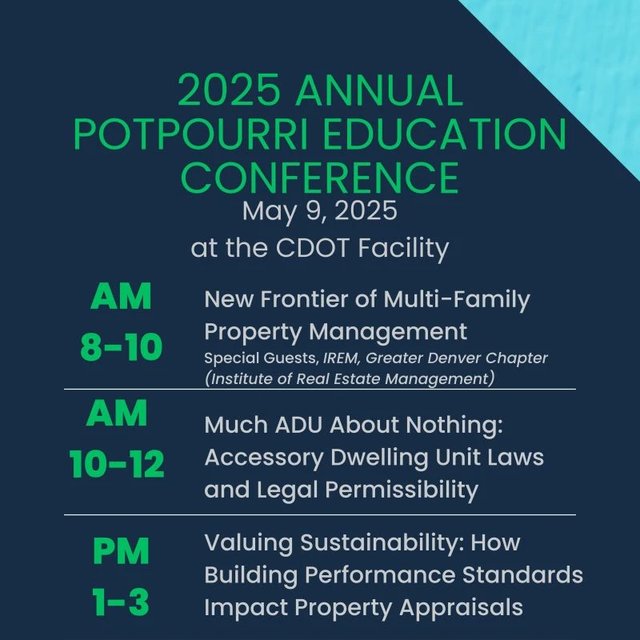 Appraisal Institute Colorado Chapter 2025 Annual Potpourri Education Conference program, May 9, 2025, listing 'Valuing Sustainability: How Building Performance Standards Impact Property Appraisals' at 1–3 pm